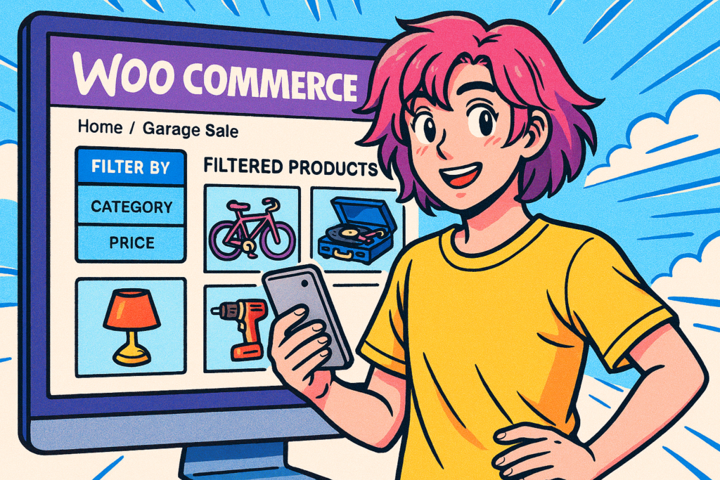 WooCommerce med produktfiltre. Tegning: CoPilot.