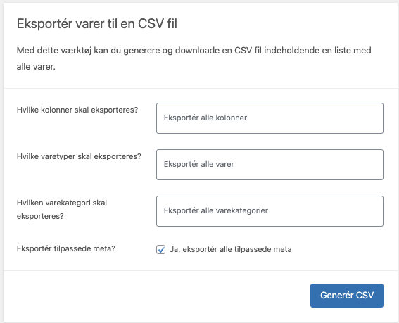 Varer kan eksporteres til en CSV-fil.